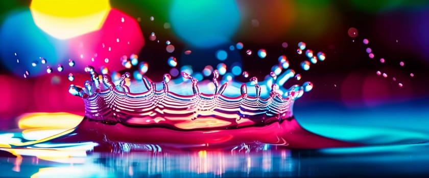 A multitude of bright droplets bursts in a colorful splash, creating a stunning display of vibrant hues against a softly blurred background. Freezing motion. The beauty of nature in the moment. AI.
