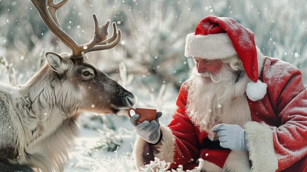 Happy Santa Claus and reindeer having coffee in the snow, winter holiday season, christmas greeting card, hot drink in the night