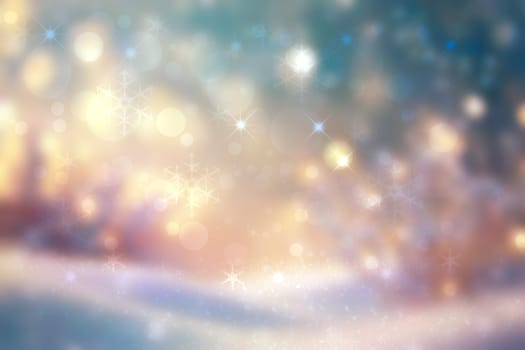 Abstract blurred festive evening winter Christmas background with shiny golden and yellow white bokeh illuminated snowy landscape with stars and blue sky.
