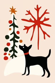 A lively black dog looks up at a brightly decorated Christmas tree surrounded by colorful ornaments and snowy patterns.