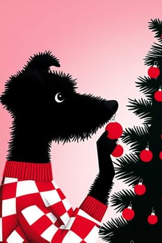 A cheerful dog dressed in a festive red sweater carefully hangs a red ornament on a Christmas tree amid a pink backdrop.