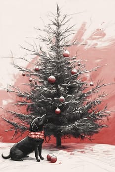 A black dog wearing a festive scarf admires the colorful ornaments on a beautifully decorated Christmas tree.