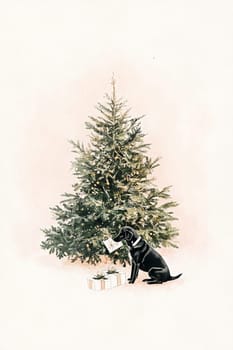 A black dog looks curiously at wrapped presents placed under a lush Christmas tree adorned with lights at holiday time.