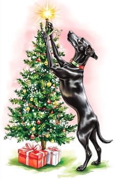 A playful black dog reaches up to place a star atop a beautifully decorated Christmas tree surrounded by wrapped gifts.