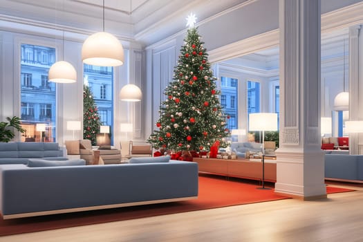 A warm and inviting lobby showcases a large Christmas tree adorned with lights and ornaments, enhancing the festive atmosphere.