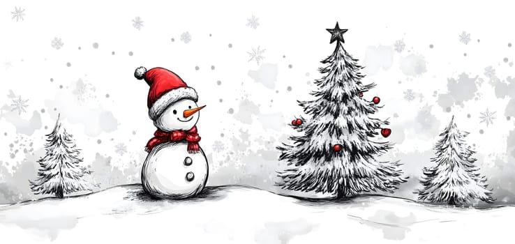 charming snowman wearing red scarf and hat and christmas tree in the background and gentle snowfall