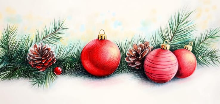 Festive Christmas decorations featuring pine branches and red and gold ornaments.seasonal holidays