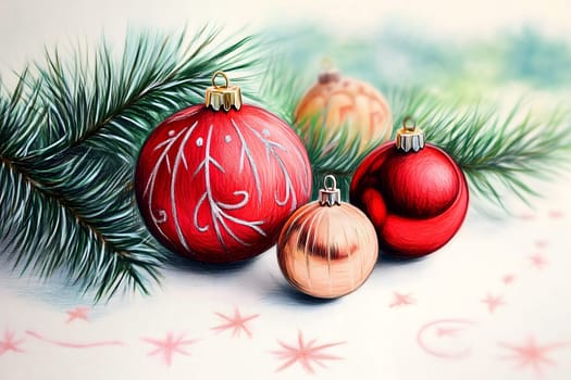 Festive Christmas decorations featuring pine branches and red and gold ornaments.seasonal holidays