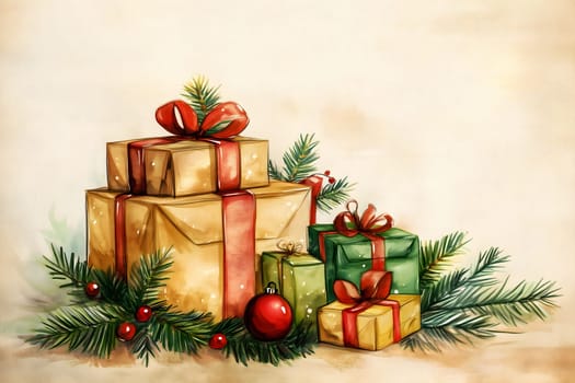 Christmas decoration with presents on rustic background, horizontal composition. seasonal holidays