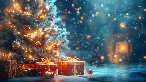Idyllic Christmas or New Years scene with festive tree, lights, presents in magical setting with snowfall - seasonal