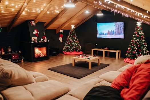 This festive living room features two decorated Christmas trees and a glowing fireplace, creating a warm atmosphere for winter celebrations.