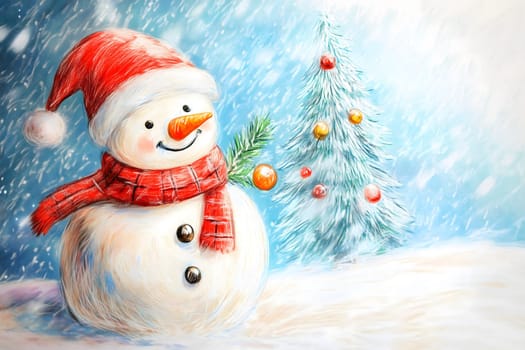 charming snowman wearing red scarf and hat and christmas tree in the background and gentle snowfall