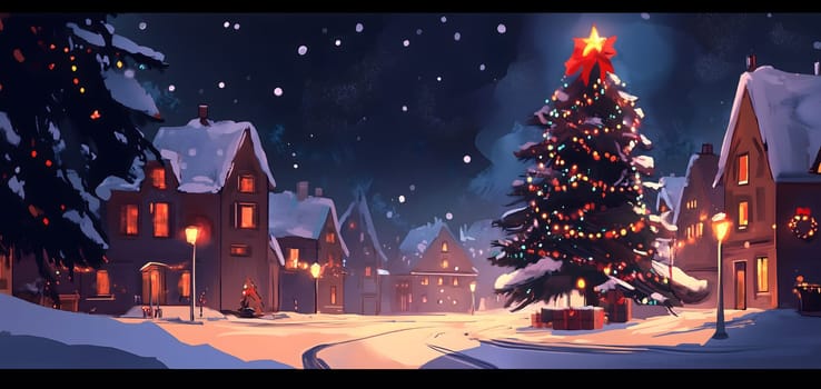 New years card with snowy village at night, Christmas tree, lights glowing warmly in the windows of cozy cottages and a starry sky overhead - seasonal christmas theme