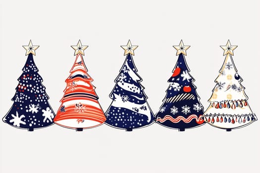 Five distinctive Christmas trees display vibrant colors and designs, perfect for adding joy to holiday festivities and decorations.