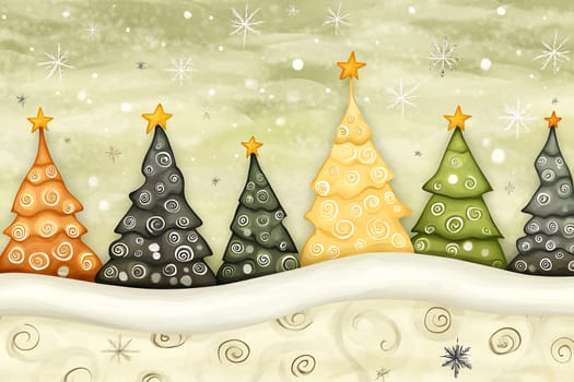 A row of vibrant Christmas trees with swirls and stars stands against a snowy backdrop, capturing the joyful spirit of winter.