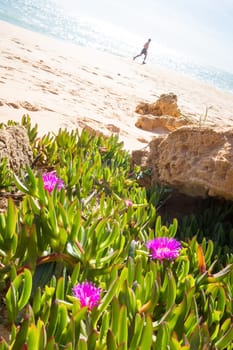 Vertical view at Armação de Pêra beach, with a runner in the background, Algarve, Portugal
