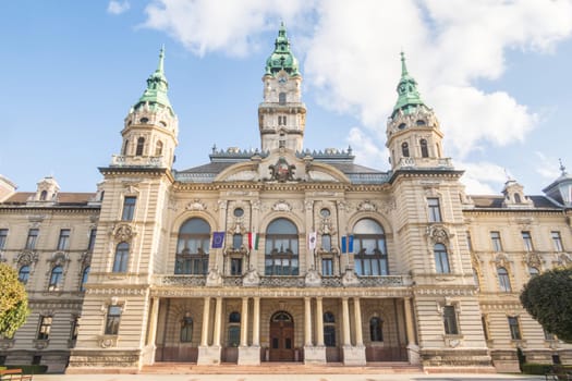Gyor, Hungary - September 25, 2024: View of the town hall facade of the hungarian city Gyor