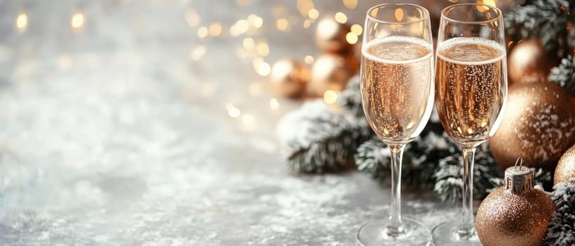 Two glasses of sparkling beverage sit next to golden ornaments and holiday lights creating a warm festive atmosphere for celebrations.