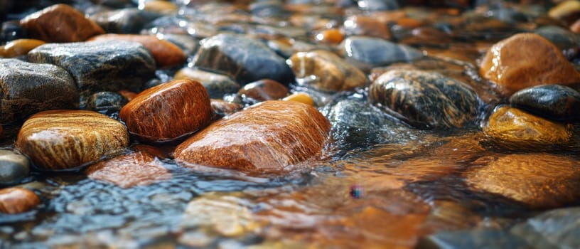 Colors of smooth river stones shine as water gently flows over them creating a serene natural setting.