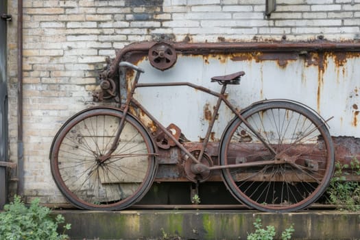 A weathered bicycle rests against a rustic brick wall showcasing years of wear and neglect in an industrial setting.