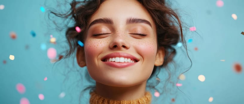 A young woman smiles with closed eyes surrounded by colorful confetti falling against a bright blue backdrop radiating happiness and joy.