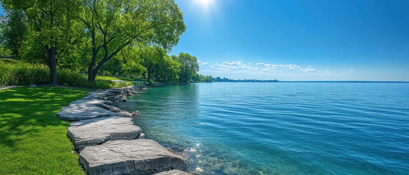 The tranquil lake reflects the bright blue sky with smooth stones lining the shore under the warm sunlight.