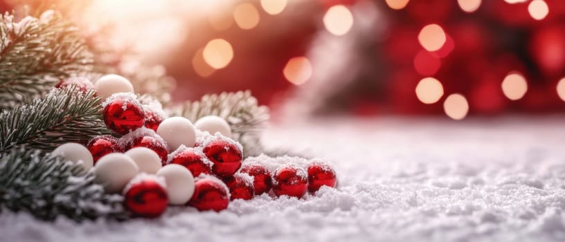 Red and white ornaments are scattered on a snowy surface with evergreen branches creating a cheerful holiday atmosphere.