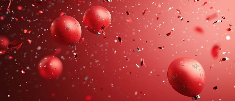 Four vibrant red balloons float amidst a shower of shiny confetti creating a joyful atmosphere for a festive occasion.