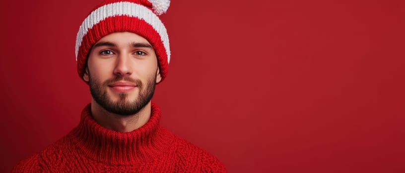 A young man stands against a solid red background smiling while wearing a cozy red sweater and a striped festive hat exuding a cheerful vibe.
