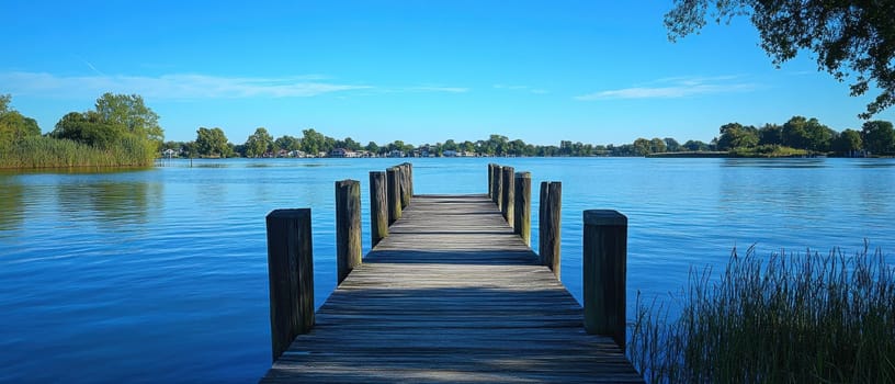 A tranquil wooden dock extends over still water surrounded by lush greenery under a clear blue sky evoking peace and relaxation.