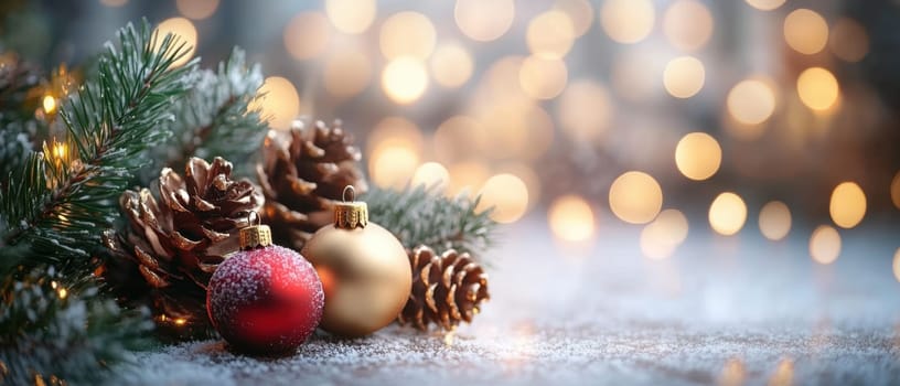 Ornaments in red and gold sit among pinecones surrounded by twinkling lights creating a warm holiday atmosphere.
