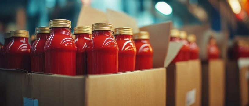Various bottles filled with red sauce are neatly arranged in cardboard boxes at a production facility during the day.