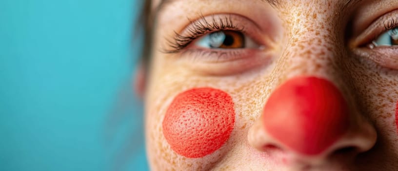 A person smiles brightly featuring colorful clown makeup with a prominent red nose against a vibrant blue background.
