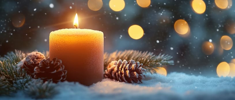 A softly glowing candle is surrounded by pine cones and snow evoking a peaceful winter atmosphere with softly falling snowflakes.