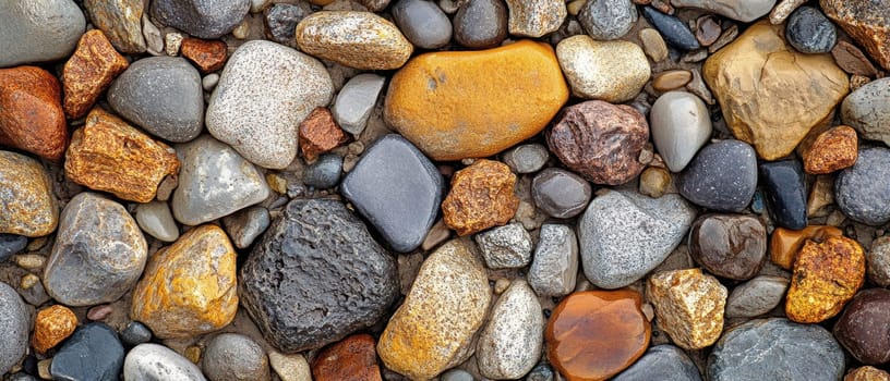 A variety of colorful river rocks are scattered across the riverbed showcasing unique shapes and textures under natural lighting.
