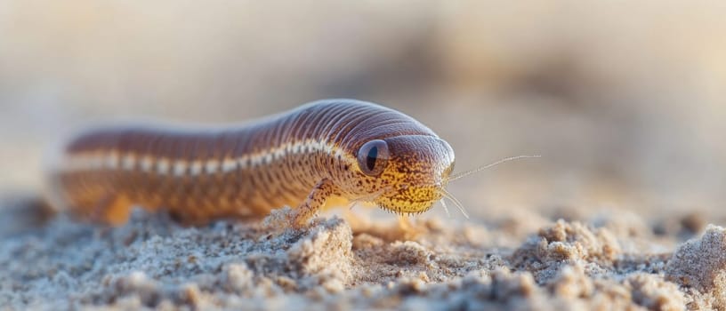 A slender amphibian moves carefully across the sandy terrain during the evening showcasing its distinct coloration against a blurred background.