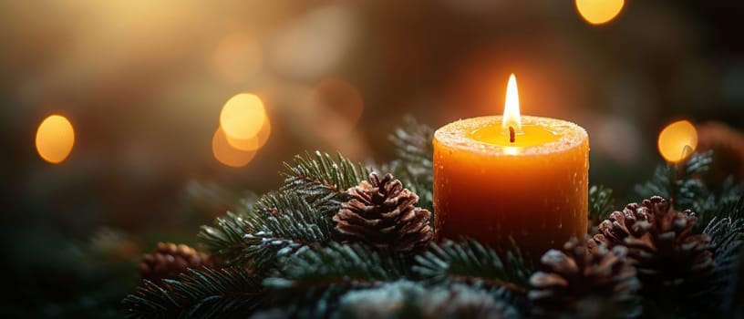 A warm candle flickers softly nestled among lush pine branches and decorative cones creating a cozy ambiance during the winter season.