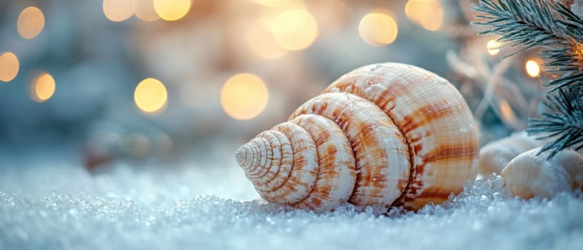 A beautifully patterned seashell lies on a snowy surface surrounded by soft glowing holiday lights that create a warm atmosphere.
