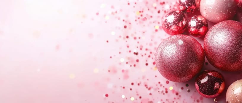 Colorful pink ornaments scattered with glitter create a joyful holiday atmosphere perfect for decoration and celebration.