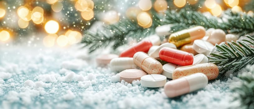 Various colorful capsules and tablets are scattered on snow surrounded by evergreen branches and sparkling bokeh lights in the background.