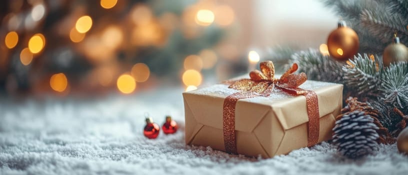 A beautifully wrapped gold gift with a ribbon sits on a snowy carpet beside a decorated Christmas tree and shimmering lights.