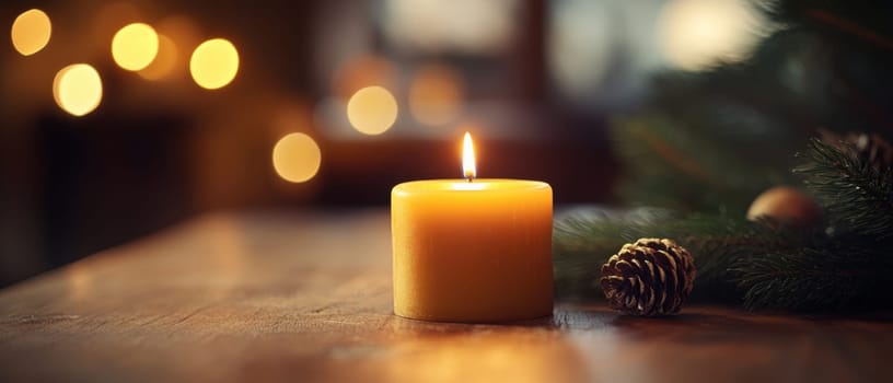 A glowing candle on a wooden table surrounded by pinecones and a warm holiday atmosphere creating a cozy ambiance for celebration.