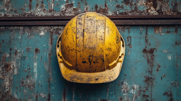 A dirty yellow hard hat rests against a weathered teal backdrop reflecting the wear and tear of construction work.