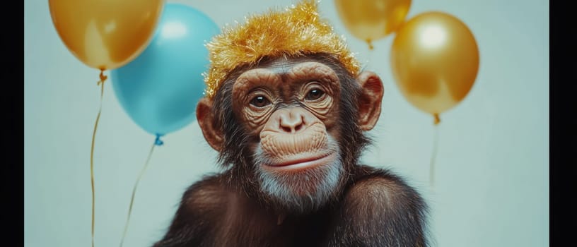 A playful monkey wearing a glittery hat is surrounded by bright balloons creating a festive atmosphere perfect for celebration.
