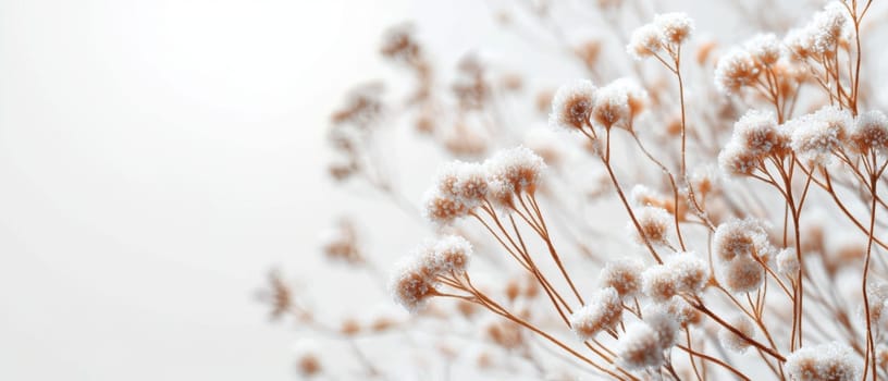 A cluster of delicate flowers basking in the winter light adorned with a soft layer of freshly fallen snow creating a serene atmosphere.