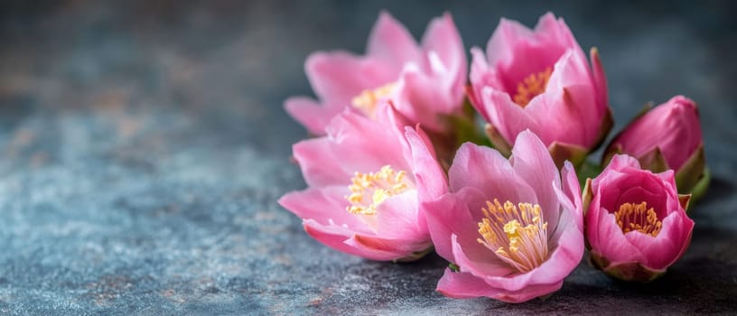 A cluster of delicate pink flowers with vibrant yellow centers is showcased against a textured dark surface adding elegance to the setting.