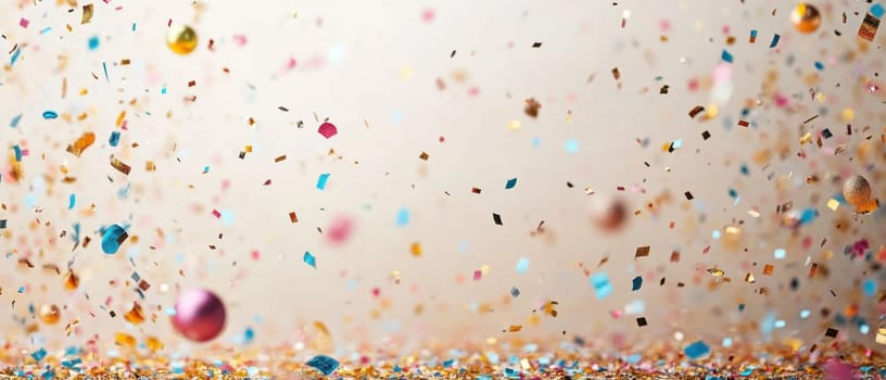Bright confetti in various colors fills the air during a festive occasion creating a joyous and vibrant atmosphere.