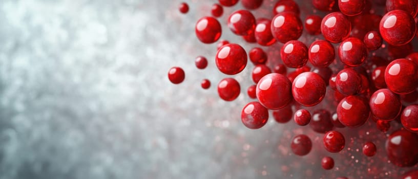 A collection of red spheres appears to float against a soft gray backdrop creating a dynamic and colorful visual effect.