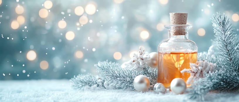 A decorative bottle filled with essential oil sits on a snowy surface surrounded by pine branches and festive ornaments during winter.