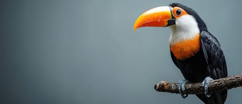 A colorful toucan rests on a branch showcasing its vibrant beak and striking plumage against a neutral background.